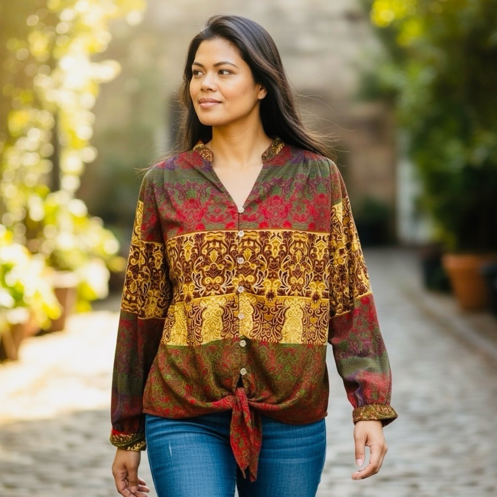 Figueroa & Flower Boho Blouse Top Red Gold Green Womens Size L